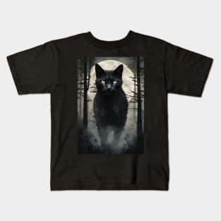 Black Cat in the Foggy Forest Vintage Art Kids T-Shirt
